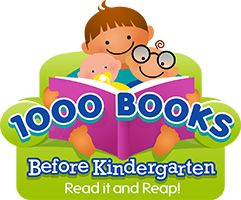 A young child, baby and book worm reading a book together The caption reads 1000 Books Before Kindergarten. Read it and reap!